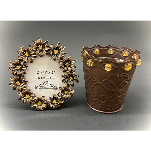 Victorian Gothic Style Ornate Cast Metal Photo Frame & Votive Candle Holder Set - Picture 1 of 5